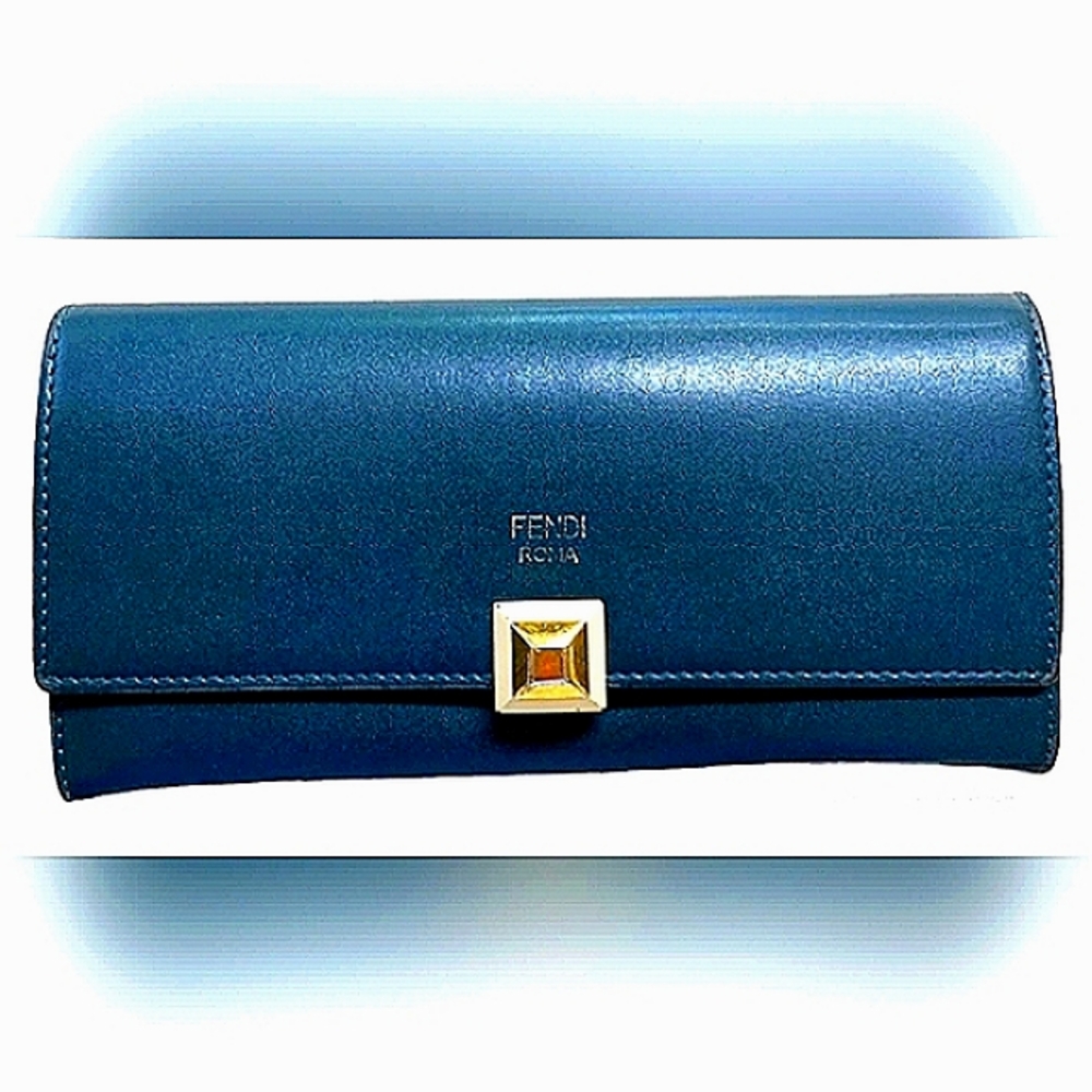 FENDI AUTHENTIC TEAL LEATHER LONG WALLET EXCELLENT USED CONDITION